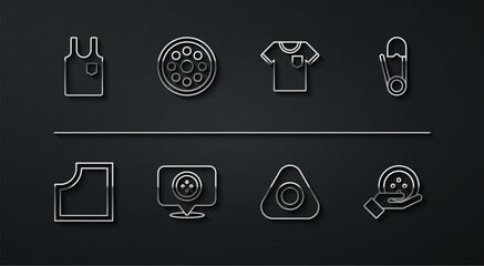 Set line Sleeveless T-shirt, Sewing Pattern, Safety pin, chalk, Location tailor shop, button, and icon. Vector