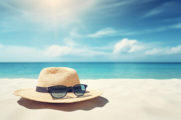 Obraz na płótnie Canvas Summer vacation. Hat and sunglasses on sand beach with blue sky background. Generative ai.