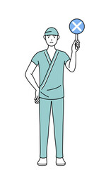 不正解を示す×の棒を持つ男性入院患者