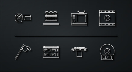 Set line Cinema camera, Microphone, Play Video, Limousine car and carpet, Online play video, auditorium with seats, CD DVD disk and Retro tv icon. Vector