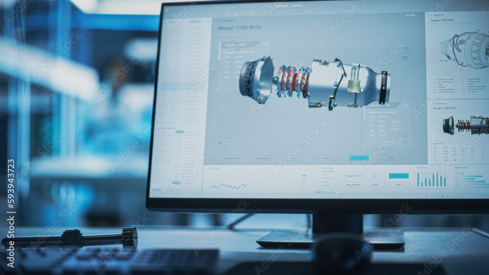 Poster Close Up of a Computer Monitor Display with 3D CAD Software with Prototype Turbine Motor Project. Interface with Vital Setting and Programming Options for the Industrial Engine Prototype.