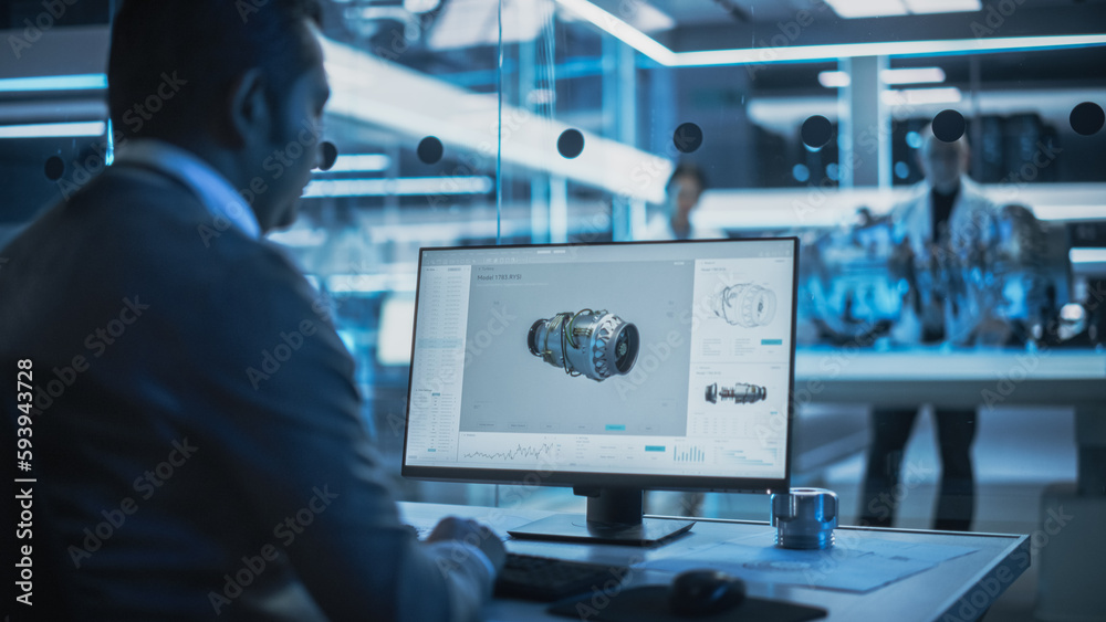 Poster Industrial Developer Working on CAD Software on Desktop Computer in Turbine Engine Startup Facility. Specialists and Professionals Researching and Developing High Tech Engine Technology.