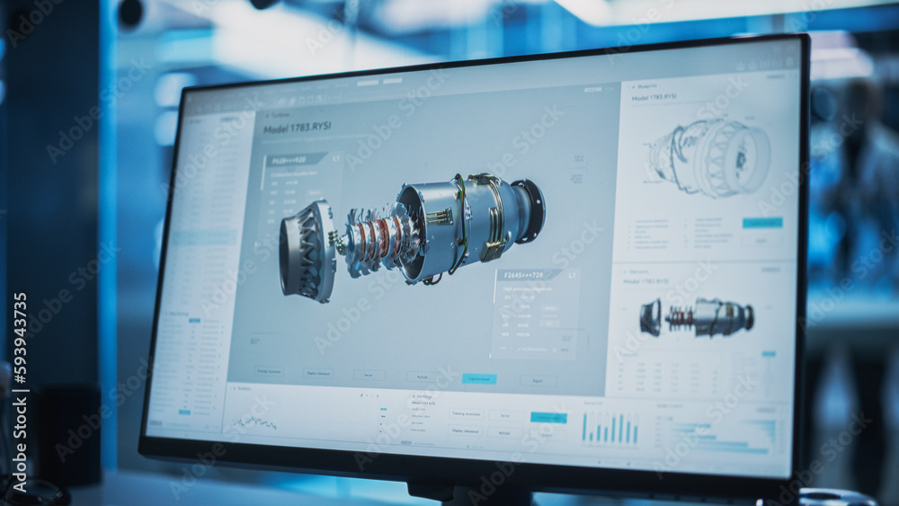 Fototapete Close Up of a Computer Monitor Display with 3D CAD Software with Prototype Turbine Motor Project. Interface with Vital Setting and Programming Options for the Industrial Engine Prototype.