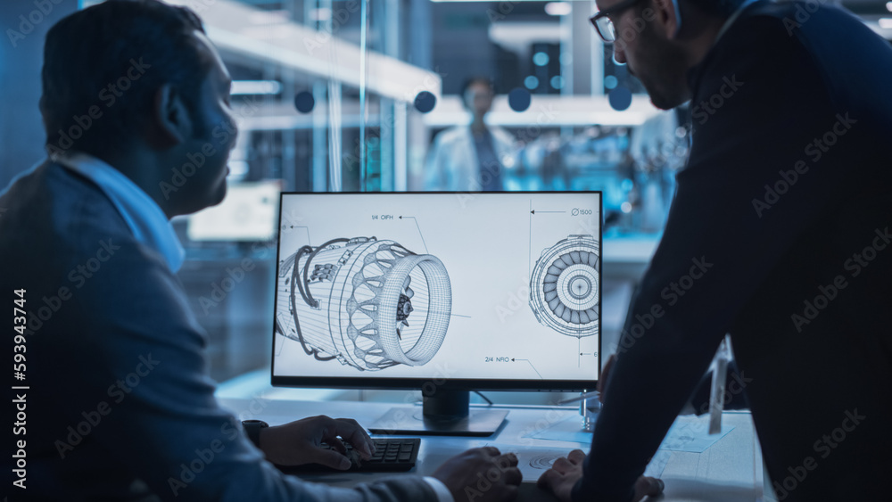 Aufkleber Two Turbine Engine Developers Working on Programming a Prototype Jet Engine on Desktop Computer. Young Team of International Industrial Science Specialists Developing a Turbine Motor in the Background