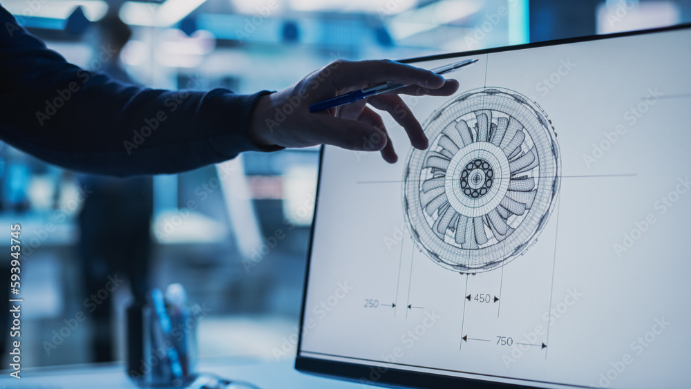 Aufkleber Close Up of a Desktop Computer Monitor Screen with 3D CAD Software with Prototype Jet Engine Project. Specialist Discussing Work, His Hands Visible In Front of the Screen.