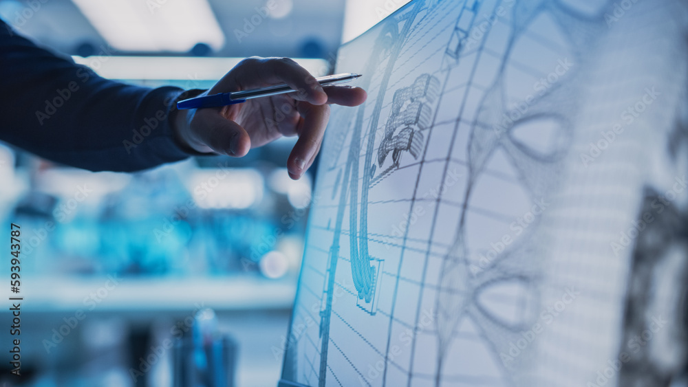 Poster Close Up of a Desktop Computer Monitor Screen with 3D CAD Software with Prototype Jet Engine Project. Specialist Discussing Work, His Hand Visible In Front of the Screen.