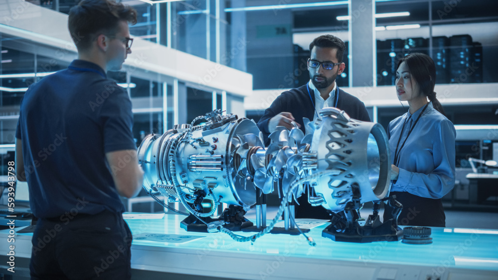 Fototapete Diverse Multiethnic Team of Industrial Engineers Gathered Around a Table With a Prototype Turbine Engine. Scientists Use Tablet Computer to Research, Develop and Program the Futuristic Motor.