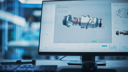 Close Up of a Computer Monitor Display with 3D CAD Software with Prototype Turbine Motor Project....