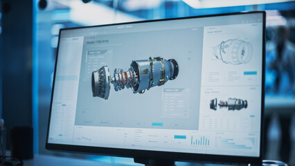 Close Up of a Computer Monitor Display with 3D CAD Software with Prototype Turbine Motor Project. Interface with Vital Setting and Programming Options for the Industrial Engine Prototype. - obrazy, fototapety, plakaty