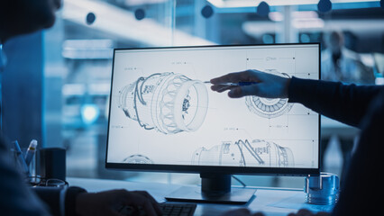 Close Up of a Desktop Computer Monitor Screen with 3D CAD Software with Prototype Jet Engine...