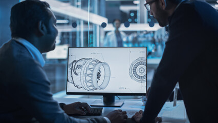 Two Turbine Engine Developers Working on Programming a Prototype Jet Engine on Desktop Computer. Young Team of International Industrial Science Specialists Developing a Turbine Motor in the Background