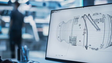 Close Up of a Computer Monitor Display with 3D CAD Software with Prototype Turbine Motor Project....