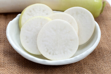 Sliced Japanese daikon. Fresh vegetables