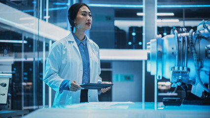 Young Asian Scientist Work on a New Type of Electric Turbine Engine, Standing and Using a Tablet Computer in Scientific Technology Laboratory.