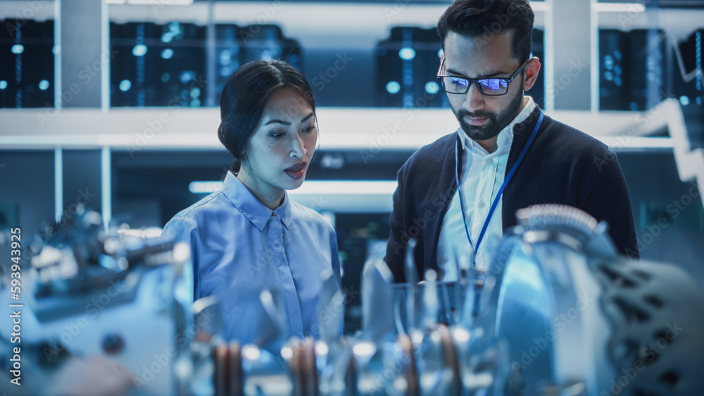 Poster two multiethnic employees work in modern innovative research facility with a futuristic jet engine. 