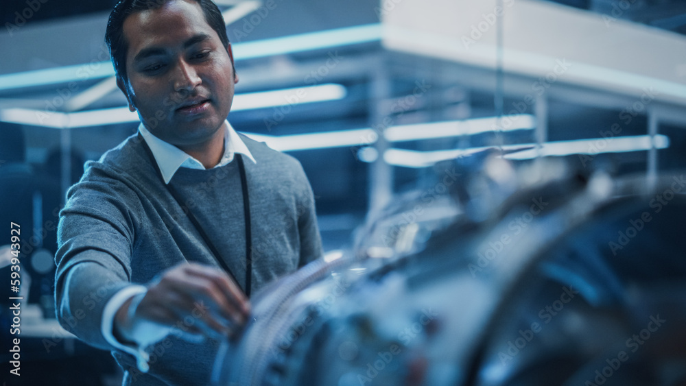 Aufkleber handsome multiethnic chief engineer explaining the technology behind a modern turbofan aircraft engi