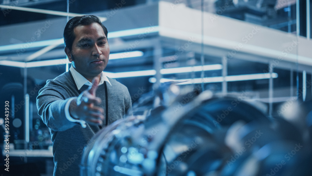 Aufkleber handsome multiethnic chief engineer explaining the technology behind a modern turbofan aircraft engi