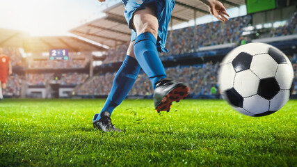 Football World Championship: Soccer Player Runs, Kicks the Ball. Ball Shoots, Grass Sprays...