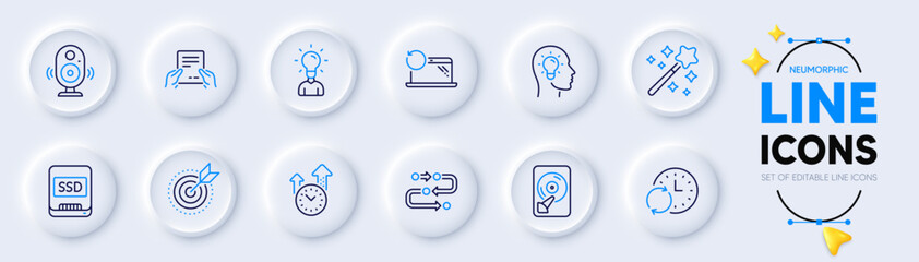 Methodology, Target purpose and Receive file line icons for web app. Pack of Hdd, Speaker, Recovery laptop pictogram icons. Magic wand, Idea head, Education signs. Time management, Ssd. Vector