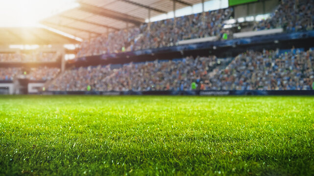 Establishing Shot of Empty Football Socer Stadium. International Tournament, Crowd of Fans Cheer on the Tribune. Beginning of Sports Final Game. Cinematic Shot of Crowded Arena.