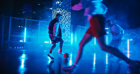 Multiethnic Diverse Friends Playing Soccer Outside on Rooftop Urban City Spot with Neon Lights After Rain. Skilful Young Man Dribbling, Passing Opponents Alone with the Ball and Scoring a Goal