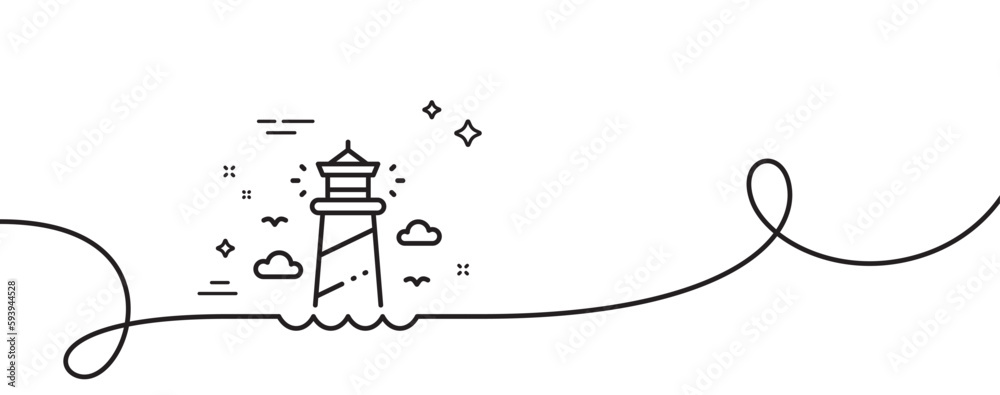 Poster lighthouse line icon. continuous one line with curl. beacon tower sign. searchlight building symbol.