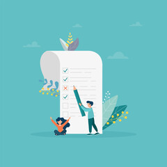 little people fill out a form, modern concept for web banners, infographics, websites, printed products. Concept done, checklist, long paper document and to-do list with checkboxes. Vector flat illust