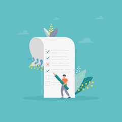 The man with the pencil completed the tasks in the to-do list. Time management concept, work planning method, organization of daily goals and achievements. Flat vector illustration for banner, poster.