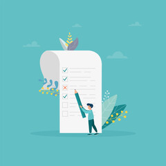The man with the pencil completed the tasks in the to-do list. Time management concept, work planning method, organization of daily goals and achievements. Flat vector illustration for banner, poster.