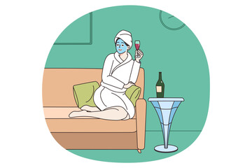 Happy woman in bathrobe relax on sofa in spa with glass of champagne enjoy leisure weekend alone. Smiling girl with mask on face have dayoff in saloon. Beauty day concept. Vector illustration.