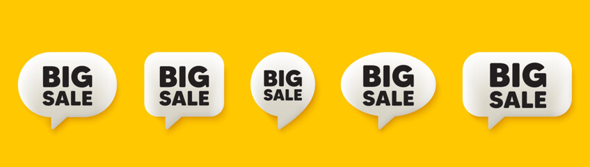 Big Sale tag. 3d chat speech bubbles set. Special offer price sign. Advertising Discounts symbol. Big sale talk speech message. Talk box infographics. Vector