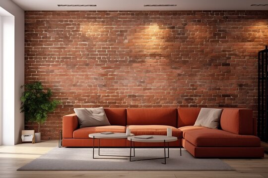 interior background room decor simple brick wall lounge living sofa indoor. Generative AI.