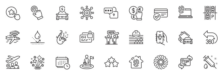 Icons pack as Airplane wifi, Build and Fireworks stars line icons for app include Home charging, Fingerprint access, Computer fingerprint outline thin icon web set. Music app, Card. Vector