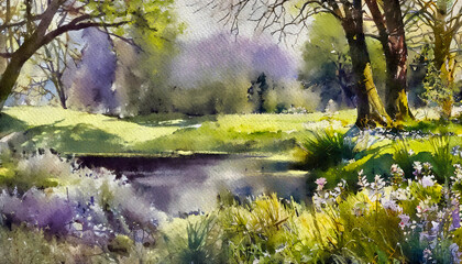 Watercolor paintings landscape,  morning in the forest