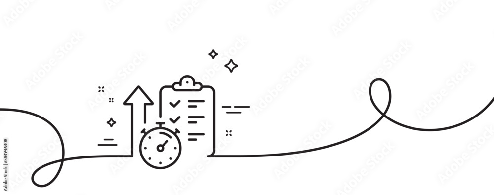 Poster timer line icon. continuous one line with curl. stopwatch time results sign. report checklist with c