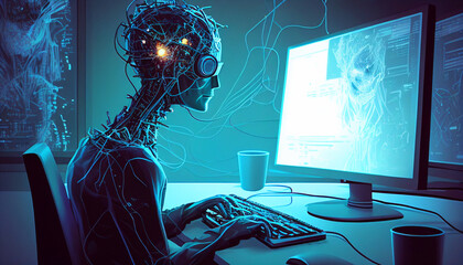 The AI robot working focuses intently on a computer screen, concept a future technology of artificial intelligence (AI)