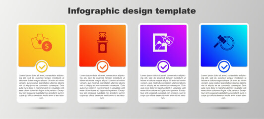 Set Auction jewelry sale, ancient vase, painting and hammer. Business infographic template. Vector