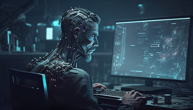 a cyborg man sitting in a chair in front of a computer, typing on a keyboard. The computer screen is displaying a program or code.
