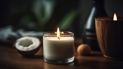 Fototapeta na wymiar Coconut aroma candle, close-up, home aestetics. AI generated illustration