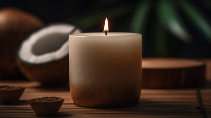 Obraz na płótnie Canvas Coconut aroma candle, close-up, home aestetics. AI generated illustration