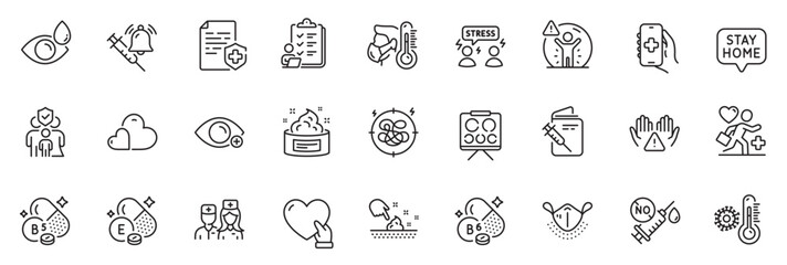 Fototapeta na wymiar Icons pack as Doctor, Vaccine announcement and Patient line icons for app include Stay home, Care, Checklist outline thin icon web set. Stress, Volunteer, Vitamin b6 pictogram. Vector