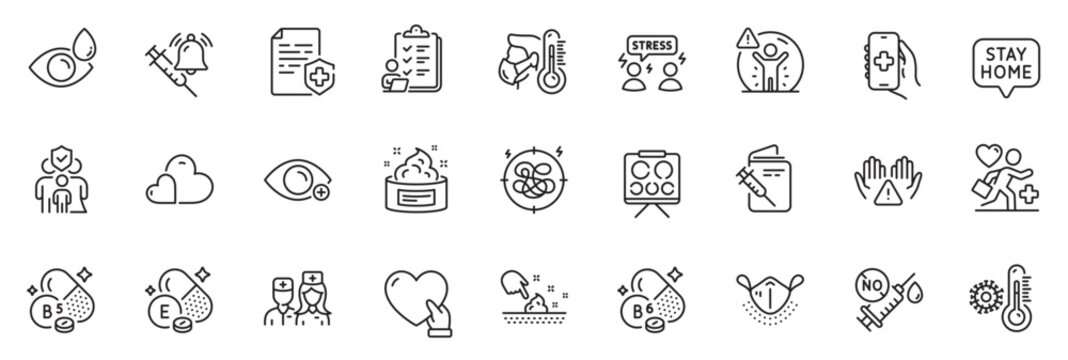 Icons Pack As Doctor, Vaccine Announcement And Patient Line Icons For App Include Stay Home, Care, Checklist Outline Thin Icon Web Set. Stress, Volunteer, Vitamin B6 Pictogram. Vector