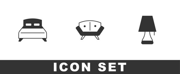 Set Big bed, Sofa and Table lamp icon. Vector