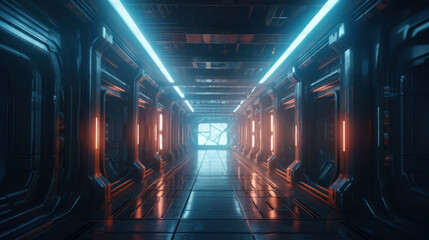 Purple Blue Tunnel Sci Fi Futuristic Virtual Neon Laser Alien Spaceship Lines Glowing Corridor. AI generated