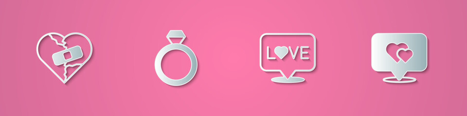 Set paper cut Healed broken heart or divorce, Wedding rings, Love text and Location with icon. Paper art style. Vector