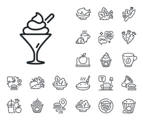 Vanilla sundae sign. Crepe, sweet popcorn and salad outline icons. Ice cream in glass line icon. Frozen summer dessert symbol. Ice cream line sign. Pasta spaghetti, fresh juice icon. Vector