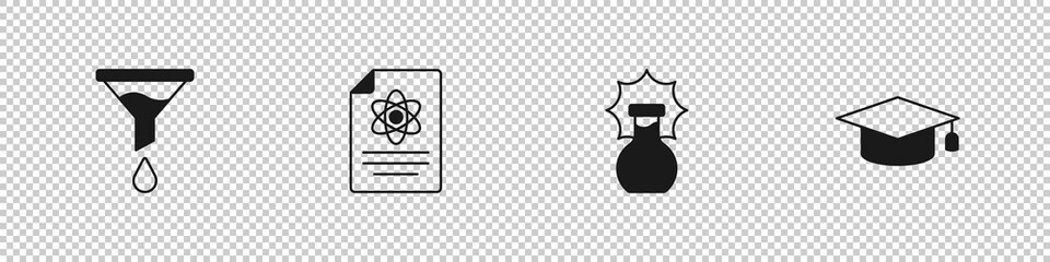 Set Funnel or filter, Chemistry report, Explosion in the flask and Graduation cap icon. Vector