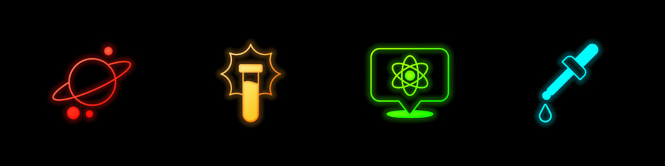 Set Planet Saturn, Explosion in the flask, Atom and Pipette icon. Vector