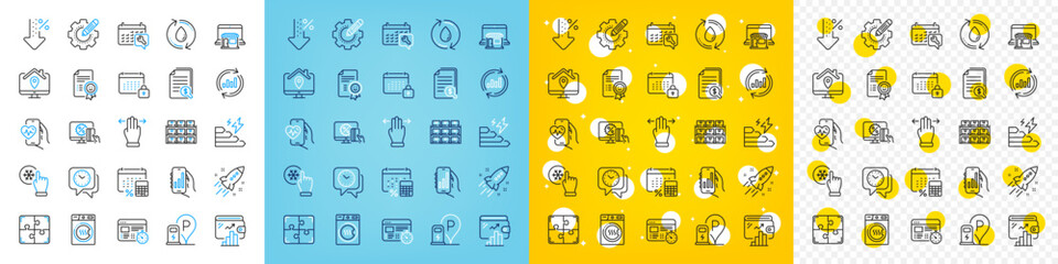 Vector icons set of Work home, Online shopping and Startup rocket line icons pack for web with Freezing click, Puzzle, Consumption growth outline icon. Charging station, Clock. Vector