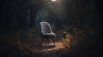 Soft chair in the woods with a lamp a quiet place. Al generated